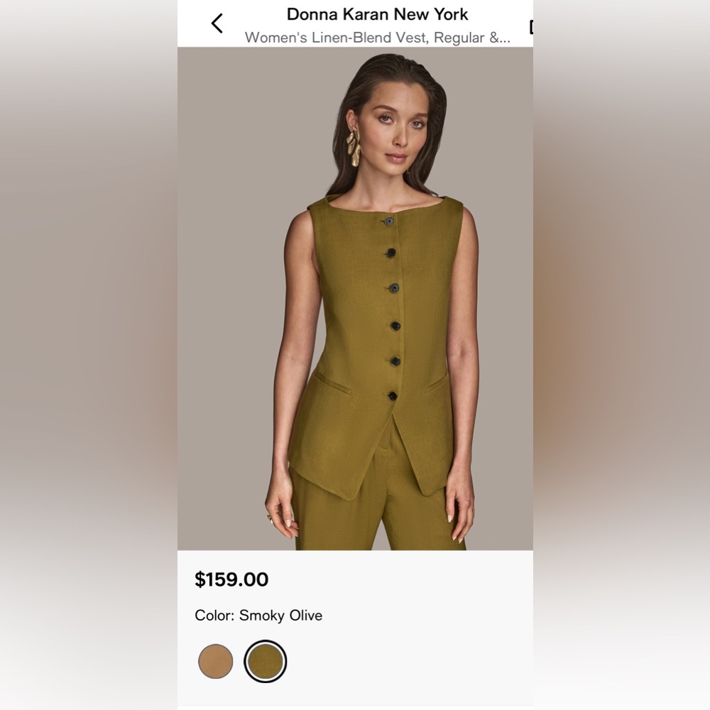Donna Karan Women Linen Blend Vest Color Smoky Olive Medium Boat Neck Button NWT - Picture 4 of 14
